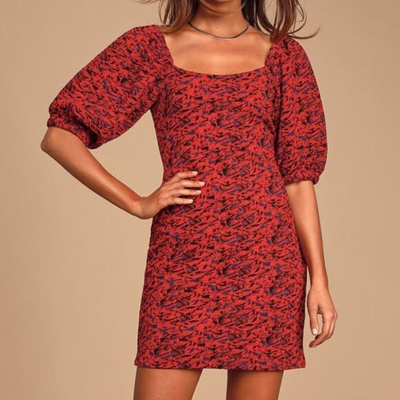 NWT Free People Sunset Red Multi Print Puff Sleeve Bodycon Mini Dress - Picture 3 of 8
